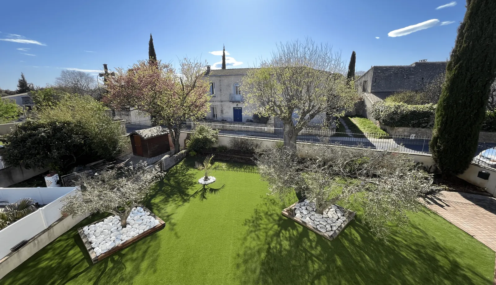 Jardin paysager avec gazon, oliviers sur massifs minéraux et haie de cyprès près de Vendargues